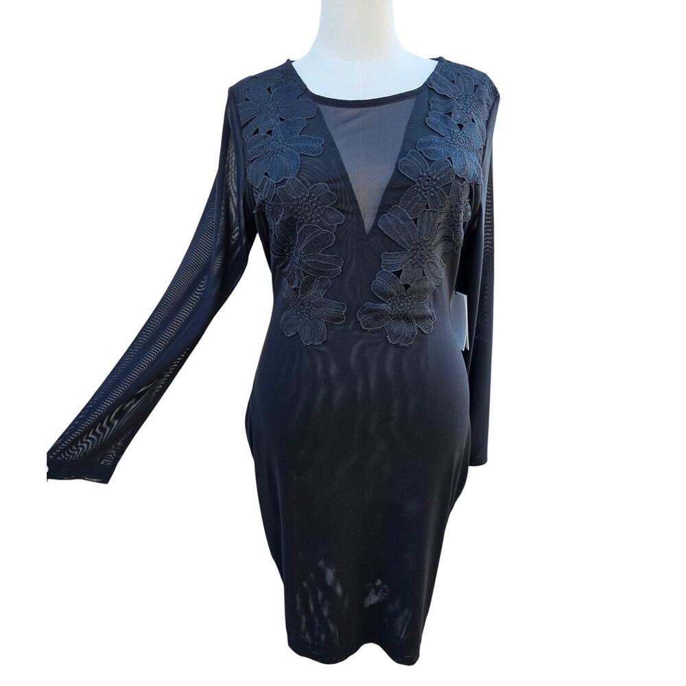 IRIS 1XL Black Mesh Floral Applique Bodycon Dress NWT